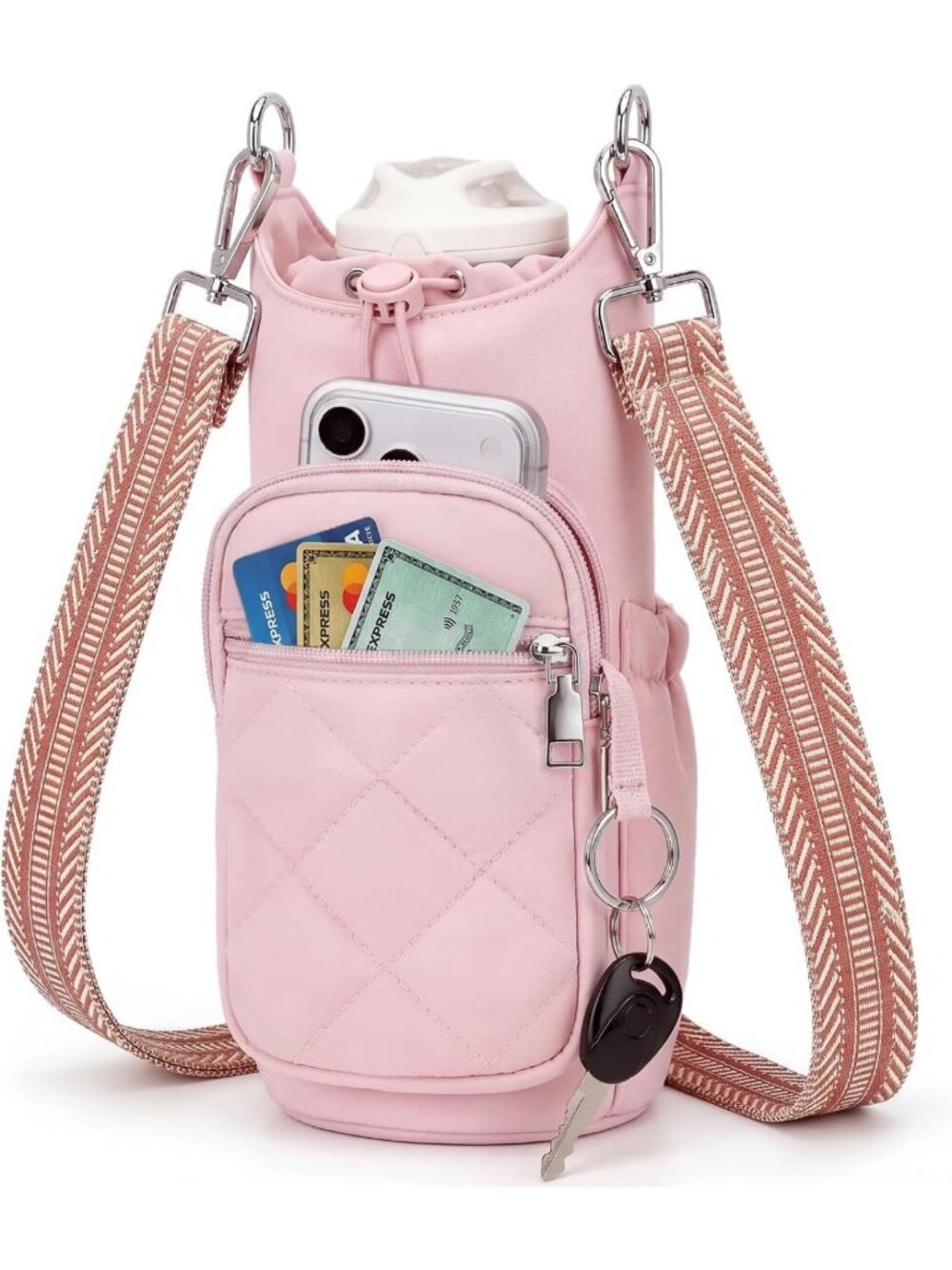 Lightweight Hands-Free Crossbody Water Bottle Bag for Women - Pink Travel